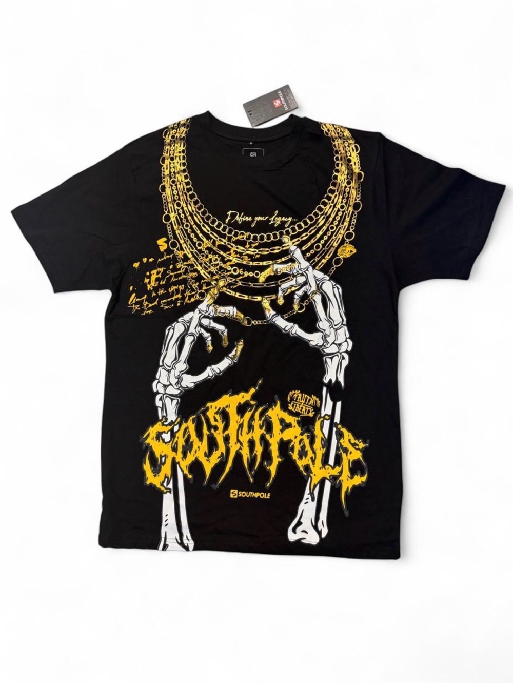 South Pole Black Short Sleeve Tee with Yellow & White Skeleton Chain Graphic